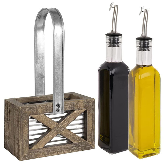 Autumn Alley Rustic Farmhouse Oil and Vinegar Dispenser Set - Oil and Vinegar Caddy Holder Set of Weathered Wood, Galvanized Metal - Adorable Rustic Kitchen Decor -250ml 8 oz