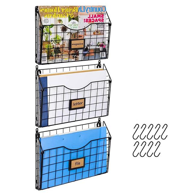Stackable Hanging Wall Files Rack with 9pcs S Shape Hooks,3-Tier Metal Folder Wall File Holder with Tag Slot Mounts on Wall and Door for Office, Home, and Work Easy Organizing,Black(Patent Pending)