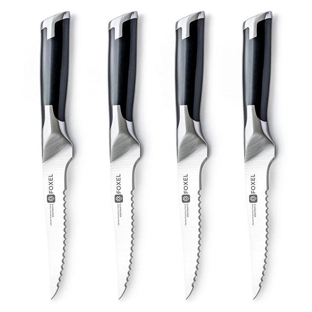 Steak Knives Knife Set of 4, 8, or 12 - Smooth Cut Serrated Blade uses German High Carbon Steel w/Full Tang Handle - Gift Box Set