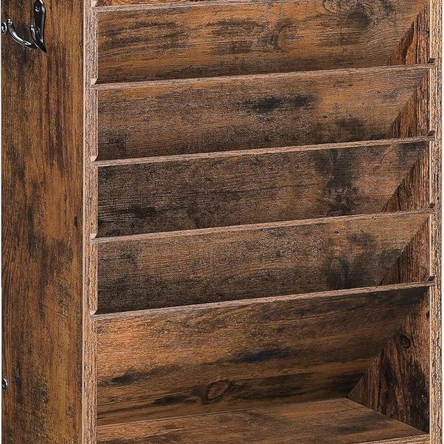CHOEZON Wall File Organizer, 6-Tier Vertical Mount Hanging Holder with 2 Side Hooks, Vintage Wooden Magazine Storage Crate with Bottom Flat Tray, Desk Organizer, for Office, Home, Rustic Brown MWJ01FG