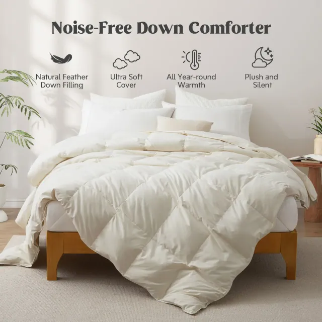 Peace Nest Ultra Soft Noiseless Down Comforter, Natural All Season Duvet Insert, Ivory, Full/Queen, 88x88"