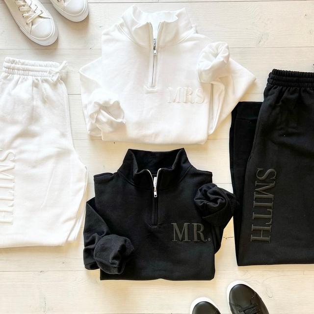 Embossed Honeymoon Set, Mrs. Quarter Zip, Mr. Quarter Zip, Newly Married Set, Honeymoon Outfit, Mr. and Mrs. Joggers