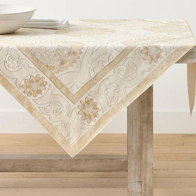 Alanya Suzani Embroidered Cotton Table Throw - Sand