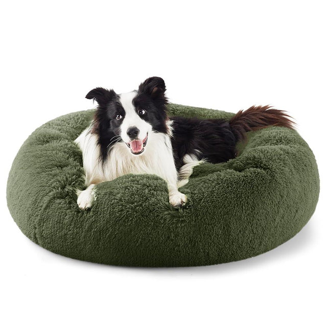 Bedsure Calming Dog Beds Large Sized Dog - Donut Washable Large Pet Bed, 36 inches Anti-Slip Round Fluffy Plush Faux Fur Dogs Bed, Fits up to 80 lbs Pets, Rifle Green