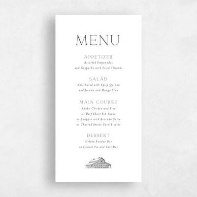 Dark Charcoal, White Wedding Menu - Heritage Barn