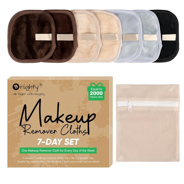 Orighty Makeup Remover Cloths 7-Day Set, Premium & Reusable Makeup Remover Pads, Erase Make-up With Just Water, Make-up Set For Eyes, Lips, Foundation and more, Ideal Choice For Women (Neutrals)