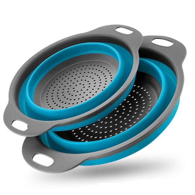 Collapsible Colander Set of 2 Silicone Kitchen Strainer Set, Perfect for Draining Pasta, Vegetable and fruit for Kitchen and Travel Use (Blue)