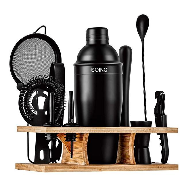Soing 11-Piece Black Bartender Kit,Perfect Home Cocktail Shaker Set for Drink Mixing,Stainless Steel Bar Tools with Stand,Velvet Carry Bag & Cocktail Recipes Cards | Best Bartender Kit (Black)