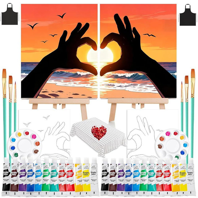 QUANWAISJ 2 Sets 10x12 Sip and Paint Kit for Adults,Couples Painting Kit Date Night,with Pre-Drawn Canvas (Easels Included), Perfect for Date Night Painting and Sip Parties (Sunset Heart)