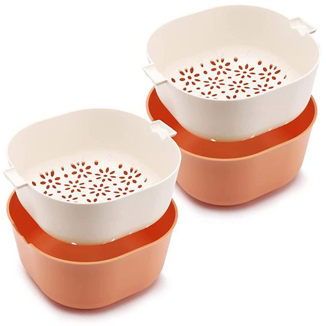 2 Pack 2.5 Quart Colander Strainer bowl Set, Sturdy Salad Mixing Bowl With Kitchen Colander for Pasta, Vegetable, Fruits, Berry, Noodle, Meat, BPA Free, Dishwasher Safe, Orange, MASJENBU