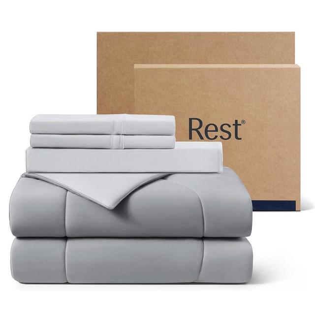 REST® Evercool®+ Cooling Comforter Set, Queen, Light Gray, 4pcs with Cooling Blanket, Wrinkle-Free Deep Pocket Fitted Sheet, 2 Silver-Infused Pillowcases for Skin and Hair Bed Set for Ultra Comfort
