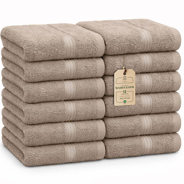 HomeBurg Luxe 12-Piece Washcloth Set - 100% Cotton, Soft & Absorbent, Easy Care, Premium Towels for Face & Daily Use, 12 x 12 in (Sand)