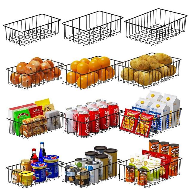 12 Pack (3 Szie) Wire Storage Baskets for Organizing,Pantry Organization Bins for Cabinets, Metal Basket for Kitchen, Laundry, Garage, Fridge, Bathroom Countertop,Freezer Organizer(Black)