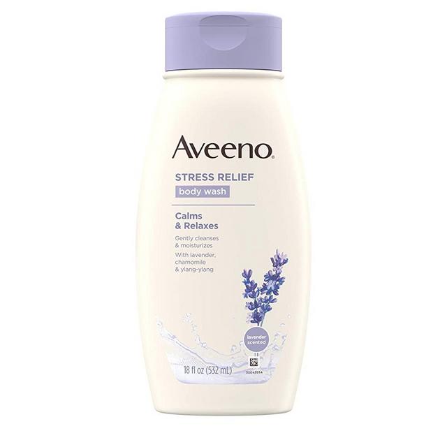 Aveeno Stress Relief Body Wash with Soothing Oat, Lavender, Chamomile & Ylang-Ylang Essential Oils, Dye- & Soap-Free Calming Body Wash for Shower Gentle on Sensitive Skin, 18 fl. oz (17756)