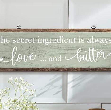 Jetec The Secret Ingredient Is Always Love and Butter Sign Funny Wood Kitchen Sign Funny Farmhouse Wall Decor Rustic Kitchen Wall Decoration, 15.7 x 4.7 Inch(Green)