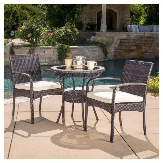 Ridley 3-piece Wicker Patio Bistro Set with Cushions - Brown - Christopher Knight Home