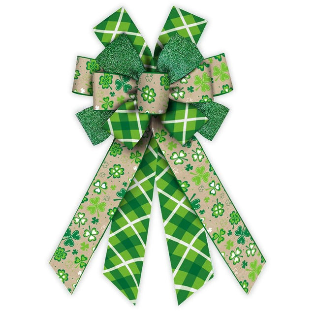 Large Saint Patricks Day Wreath Bows Saint Patrick's Day Burlap Bows Brown Clover Shamrock Plaids Decor Bows for Wreath St Patrick's Day Tree Topper Bows for Irish Holiday Wreath Ornament Decoration