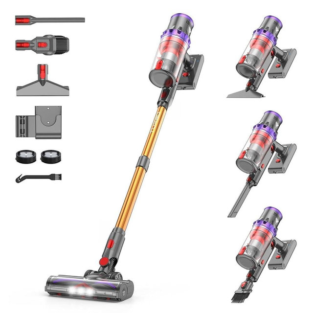 Coovy SU7 Cordless Vacuum Cleaner 580W 50Kpa 80 Minutes Runtime Stick Vacuum with Touch Screen Anti-Tangle Wireless Powerful Lightweight LED Vac for Home Pet Hair Carpet Hardwood, Gold