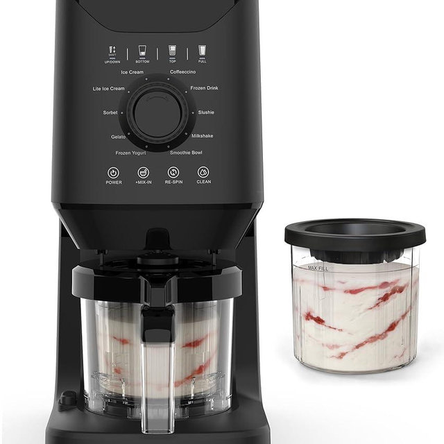 Rellytech Automatic Ice Cream Maker Machine - 12-in-1 Ice Cream Maker with 2 Pint Containers & Lids, 2-5 Min Homemade Gelato, Sorbet and Frozen Yogurt Maker, Self-Cleaning, Family Size, Black