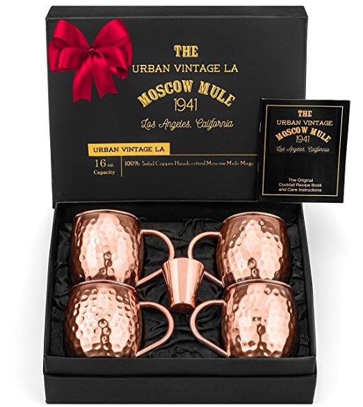100% Pure Copper Moscow Mule Mugs, Set of 4, 16 Oz Each | Authentic, Hammered, Handcrafted Cups with Welded Copper Handles | Gift Box Includes Bonus Copper Shot Glass & Recipe Book by Urban Vintage LA
