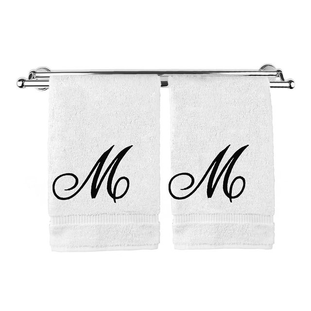 Monogrammed Hand Towel, Personalized Gift, 16 x 30 Inches - Extra Absorbent 100% Turkish Cotton- Soft Terry Finish - for Bathroom, Kitchen and Spa - Set of 2 Black Script Embroidered Towel M on White