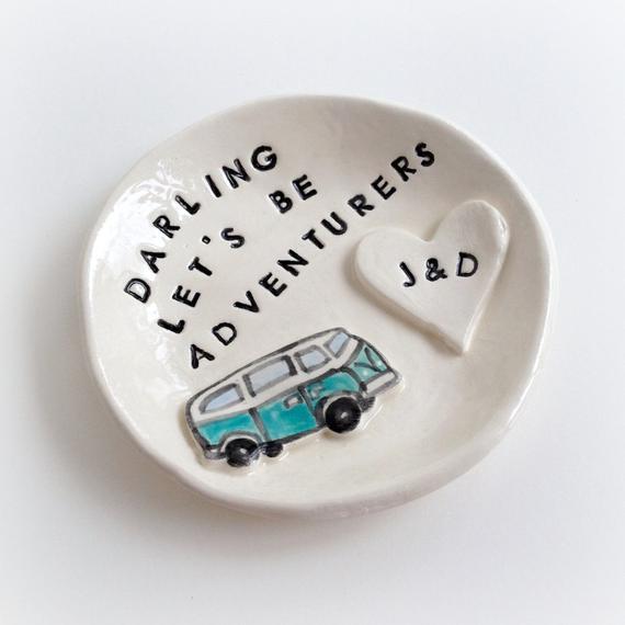 Custom engagement gift ring holder personalized vw ceramic ring dish handmade by Cathie Carlson