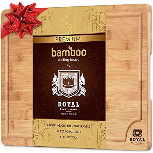 Organic Bamboo Cutting Board with Juice Groove - Best Kitchen Chopping Board for Meat (Butcher Block) Cheese and Vegetables | Anti Microbial Heavy Duty Serving Tray w/Handles (Small (12 x 8"))