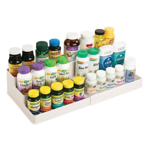 mDesign Adjustable, Expandable Plastic Vitamin Rack Storage Organizer Tray for Bathroom Vanity, Countertop, Cabinet - 3 Shelves - Holds Supplements, Medication - Cream/Beige