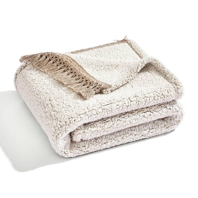 50"x60" Sherpa with Tassel and Fringe Throw Blanket Neutral - Lush Décor