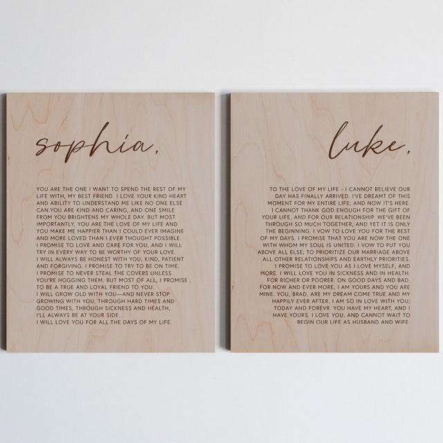 Wood Wedding Vows Set of TWO Custom Wall Hangings • Modern Vows Art • Personalized Vows Print for Wedding or Fifth Anniversary Gift