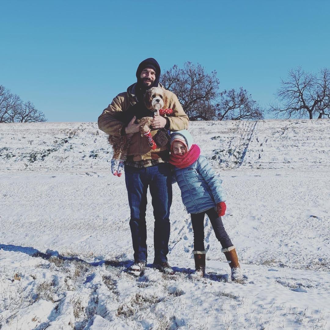 Tom, Pickles, and Channing during the Texas snow apocalypse 2021