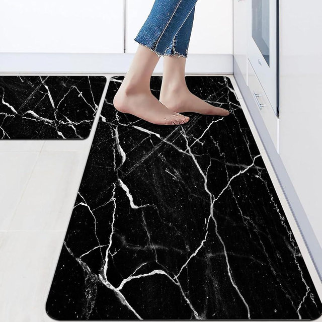 Mrcrypos Black Marble Kitchen Mat for Floor Anti Fatigue Kitchen Mat Set Non-Skid Waterproof PVC Leather (2 Pcs) for House Sink Office Kitchen Runner Mat 17.3" W X 29" L + 17.3" W X 47" L