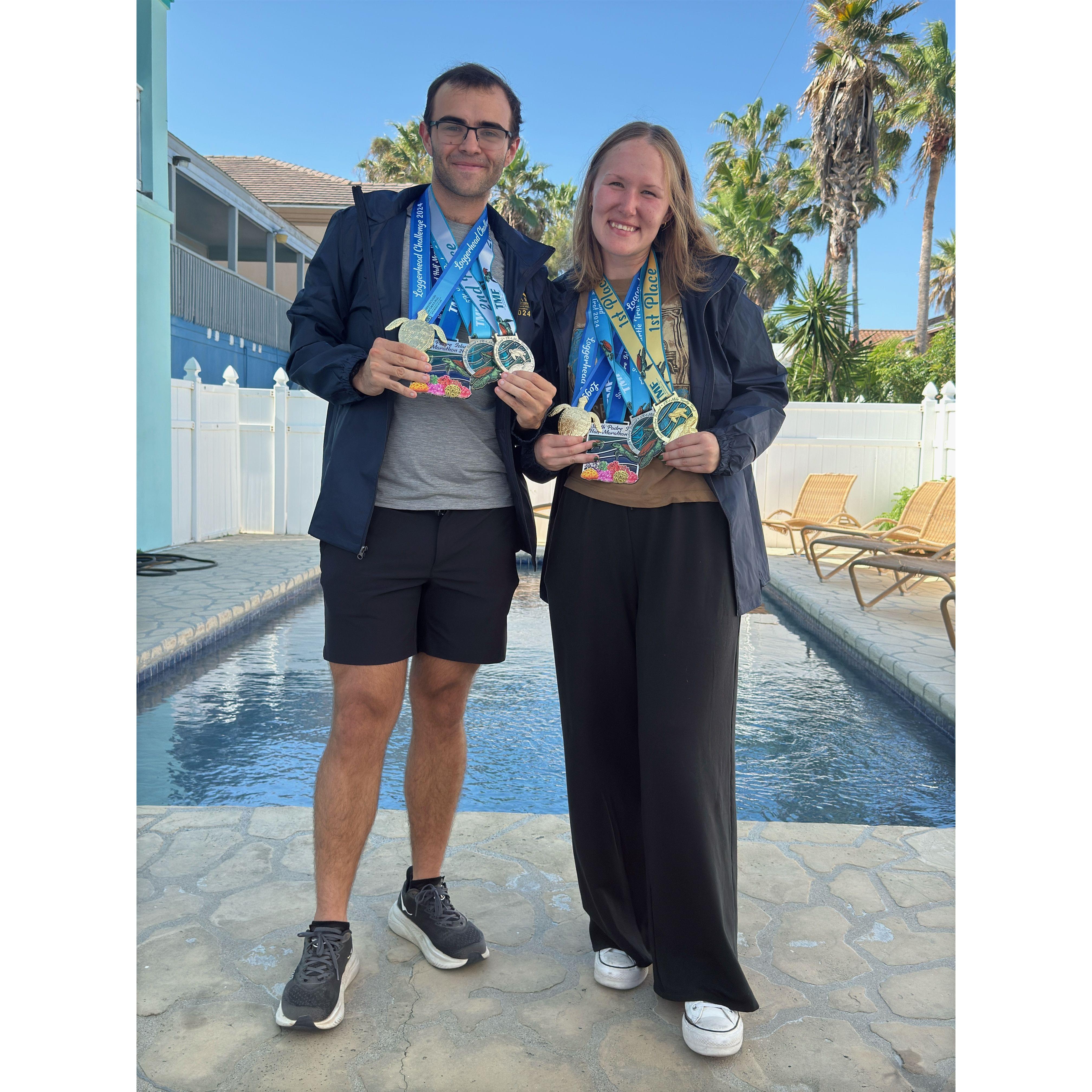 Showing off our medals from a weekend of races in South Padre with the Huffin Hippos