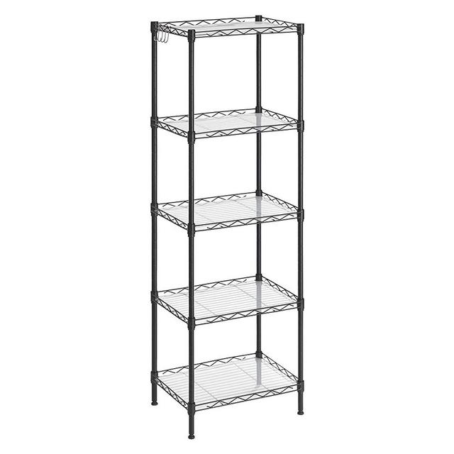 SONGMICS Wire Shelving Unit, 5-Tier Kitchen Storage Shelf, Space-Saving Metal Rack, with Plastic Liners, 4 Hooks, Adjustable Shelves, Total Load Capacity 220 lb, for Bathroom, Pantry, Black ULGR115B01