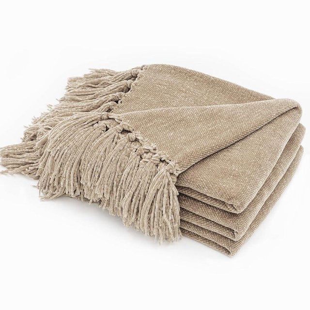 EVERGRACE Soft Chenille Throw Blanket for Couch, Cozy Plush Fuzzy Decorative Chenille Knit Throw Blanket with Tassels, Lightweight Blanket and Throws for Bed Sofa Gift Home Decor, Beige 50"x60"