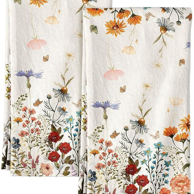 Miss Adola Flour Sack Kitchen Towels - Set of 2 Cotton Dish Towels with Hanging Loop Decorative 16x26 Inch Absorbent Cute Design for Housewarming Gifts, Retro Floral