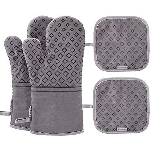 Piduules Set of 4 Oven Mitts and Pot Holders, 482 F Heat Resistant Hot Plate Moving Non-Slip Gloves for BBQ, Grill, Baking, Cooking, Oven, Microwave (Gray)