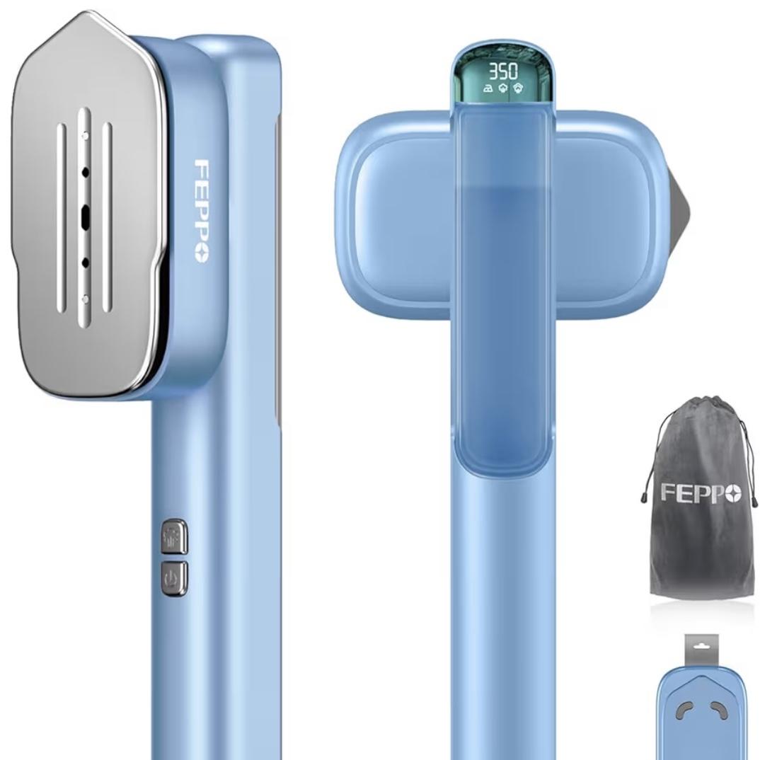 FEPPO Travel Steamer for Clothes, 110-240V Dual Voltage Portable Steamer & Iron 2 in 1, Fast Heat Up, 1100W Powerful Garment Steamer, Large Ceramic Heat Panel for Home & Global & Europe Traveling