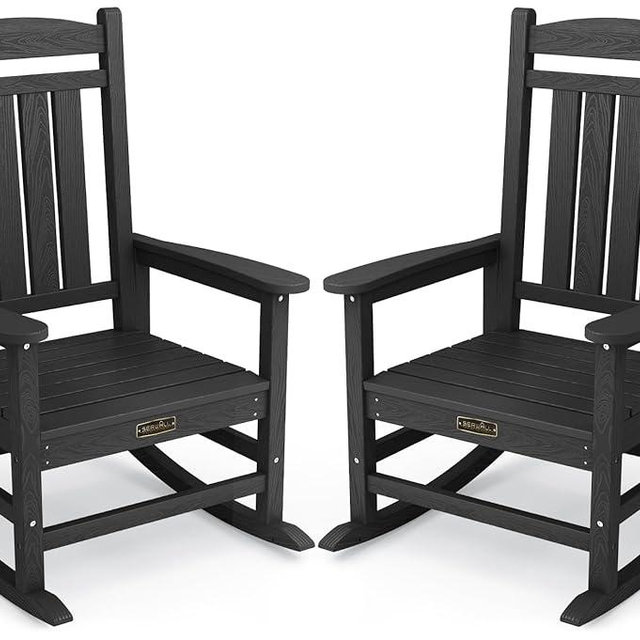 SERWALL Outdoor Rocking Chair Set of 2, HDPE Patio Rocking Chair All-Weather Porch Rocker for Balcony, Yard, Black