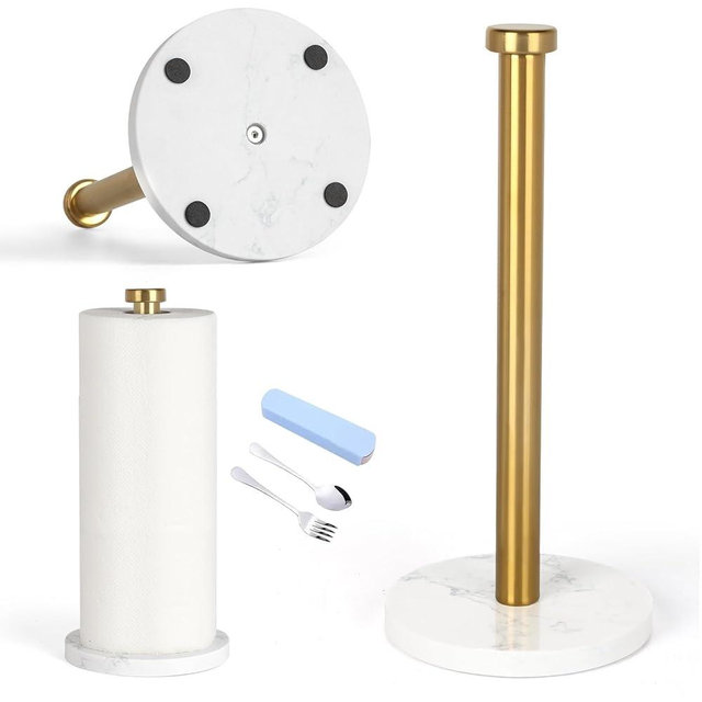 Standing Paper Towel Holder, Kitchen Paper Towel Roll Holder- for Bathroom Kitchen Countertop with Weighted Marble Base for One-Handed Operation (Gold), Marble Paper Towel Holder.…