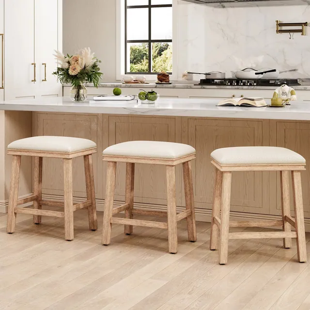 Captiva Designs 24 inch Height Bar Stool with White Faux Leather and Natural Solid Wood Frame, Set of 3