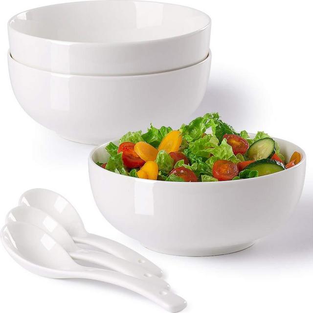 60 oz Large Serving Bowls for Salad, Soup, Pho, Pasta, Ramen, 8″ Hesen Durable Off White Porcelain Bowl Set of 3 Bowls + 3 Spoons