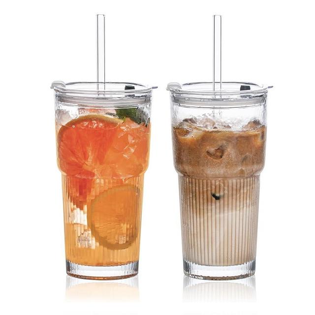20oz Glass Tumblers with Lids and Straws, Set of 2 - Stylish Ribbed Design Drinking Glasses for Iced Coffee Cups, Juice, Smoothies, Cold Beverages, Includes Cleaning Brush, Durable Glassware