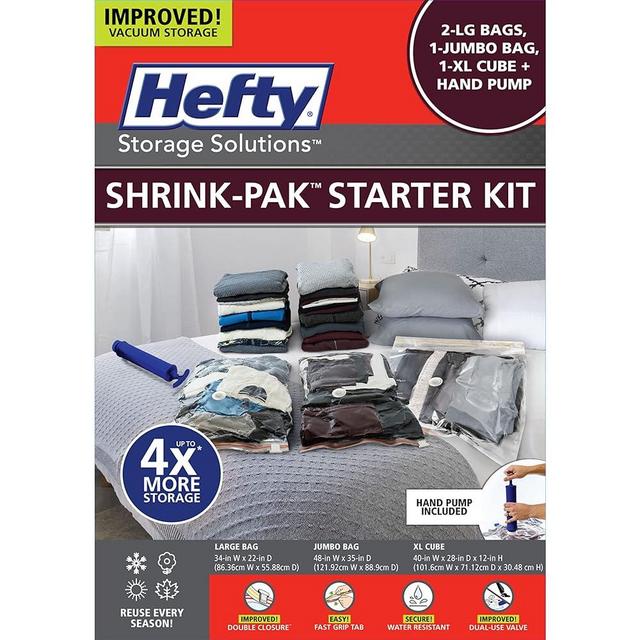 Hefty Shrink-Pak Starter Kit - 2 Large, 1 XL Cube, 1 Jumbo Vacuum Seal Storage Bag and Hand Pump – Space Saver Bags with Hand Vacuum Pump for Vacuum Sealer Bags, Under Bed Storage, Clothing, Pillows, Towels, or Blankets, 5 Pc Set