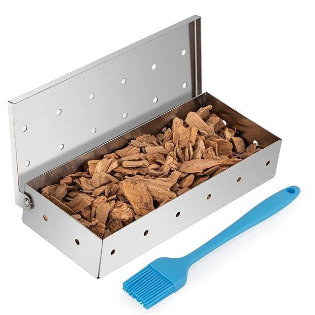Cosumina Stainless Steel BBQ Smoker Box for Grilling Barbecue Wood Chips On Gas Grill or Charcoal Grill Grilling Accessories with Basting Brush