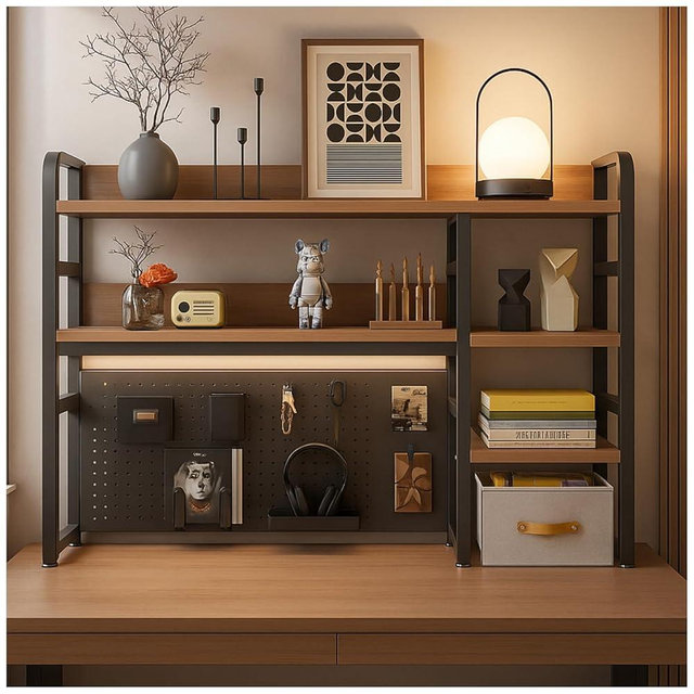 Desktop Bookshelf, pegboard Storage and Organization Rack, Dorm Desk Shelf, Desk Hutch, Desktop Storage for Office, Study, Student Display Rack,Desktop Shelves (Black+Walnut 37.4" Lx9.9 Wx37 H)