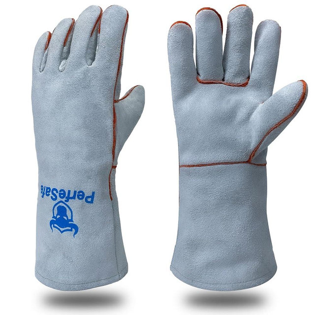 PerfeSafe Welding Gloves 14 Inches, Heat Resistant 932 Leather Welders Gloves for MIG, TIG, Stick, Long Sleeve Grill Gloves for Welding, Fireplace, BBQ, Oven, Furnace, Wood Stove, Animal Handling Grey