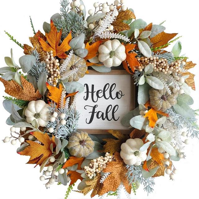 CIR OASES Thanksgiving Fall Wreath Berries Pumpkins Lamb Ears Leaves Autumn Wreaths for Front Door, Fall Decor, Porch Wall, Home Outdoor Holiday Decorations, Wreath for Autumn Halloween Thanksgiving
