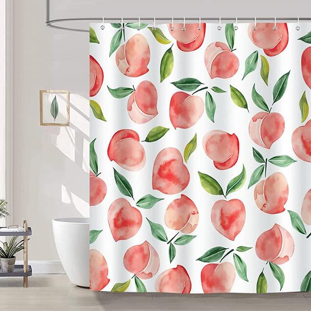 Bonhause Pink Peach Shower Curtain with 12 Hooks Watercolor Summer Fruit Decorative Bath Curtain 72 x 72 Inch Polyester Fabric Waterproof Bathroom Curtain