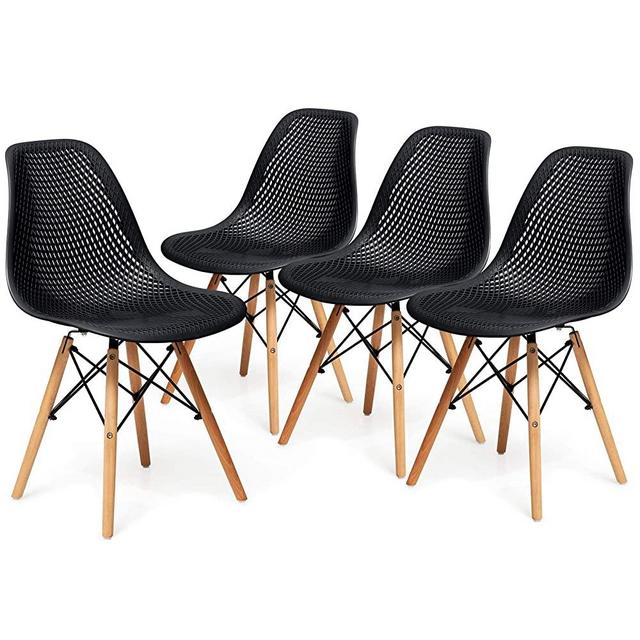 Giantex Set of 4 Modern Dining Chairs, Outdoor Indoor Shell PP Lounge Side Chairs w/Mesh Design, Beech Wood Legs, Tulip Leisure Chairs, DSW Dining Chairs for Kitchen, Dining Room, Patio, White